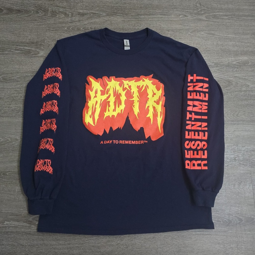 ADTR A Day To Remember Resentment T Shirt Blue Long Sleeve Flames Band Tee Large